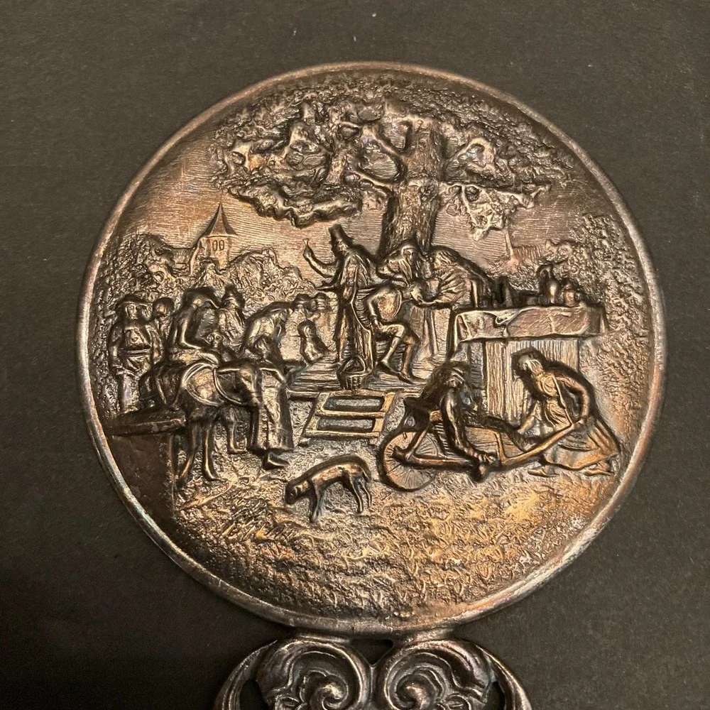 Hans Jensen‎ Denmark Silver Plated Hand Mirror Healer Scene Repousse